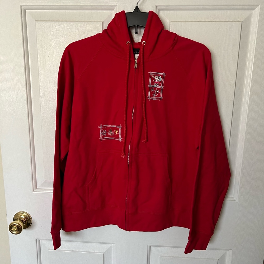Women’s red Christmas theme zip up hoodie size medium